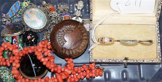 Mixed jewellery including a Victorian 15ct ring, a 9ct gold and diamond eternity ring, coral necklace etc.